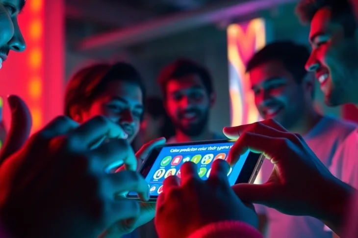 Engaging scene of players enjoying the best colour prediction game on mobile, showcasing excitement and bright colors.