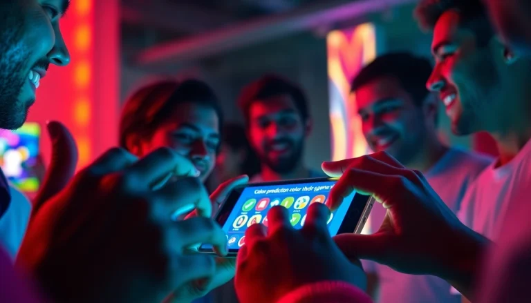 Engaging scene of players enjoying the best colour prediction game on mobile, showcasing excitement and bright colors.