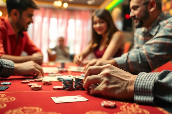 Engage in an exciting game of rummy wealth with vibrant players and colorful cards.