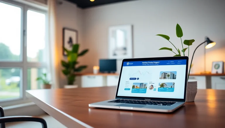 Showcasing rental property management tools on a laptop in a modern office.
