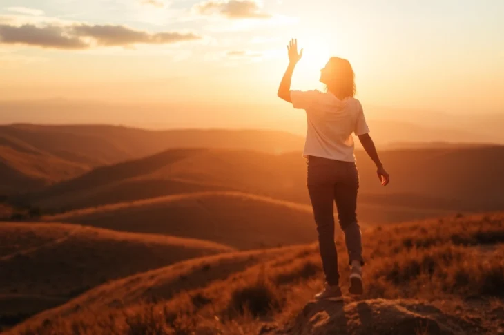 Person reaching towards the sky to explore their innate potential in a serene, warm landscape.