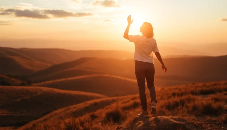 Person reaching towards the sky to explore their innate potential in a serene, warm landscape.
