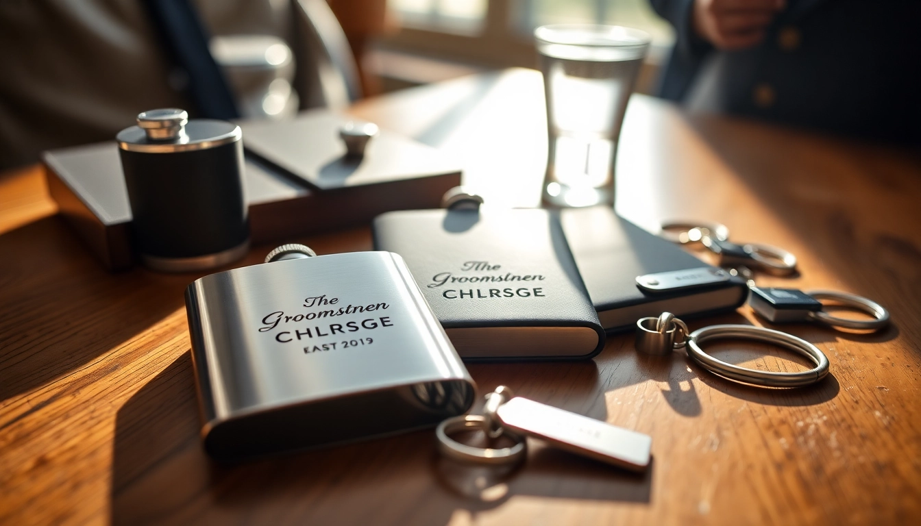 Stylish cheap groomsmen gifts like personalized flasks and keychains displayed elegantly on a table.