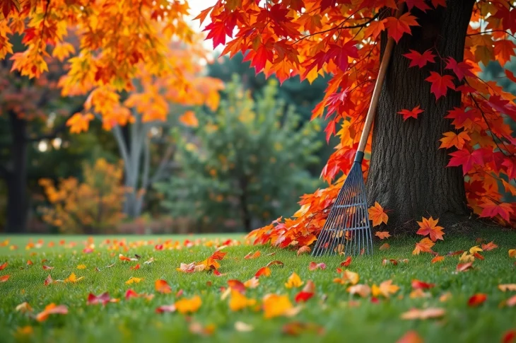 Efficient Fall clean up with vibrant leaves and a rake ready for yard maintenance.