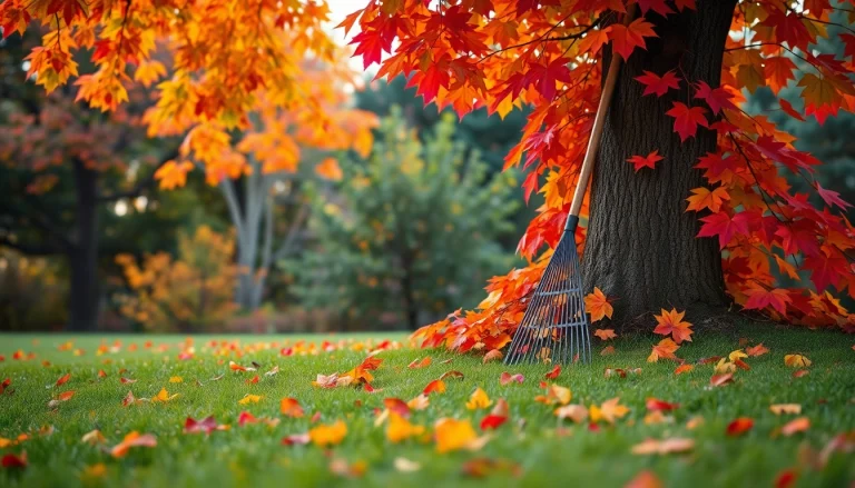 Efficient Fall clean up with vibrant leaves and a rake ready for yard maintenance.