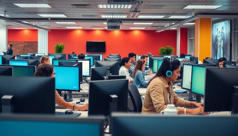 Efficient team of agents working in a call center in Tijuana, showcasing modern technology and a vibrant atmosphere.