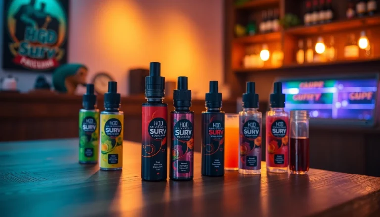 Experience HQD Surv kaufen with various sleek vape styles beautifully arranged on a wooden counter.