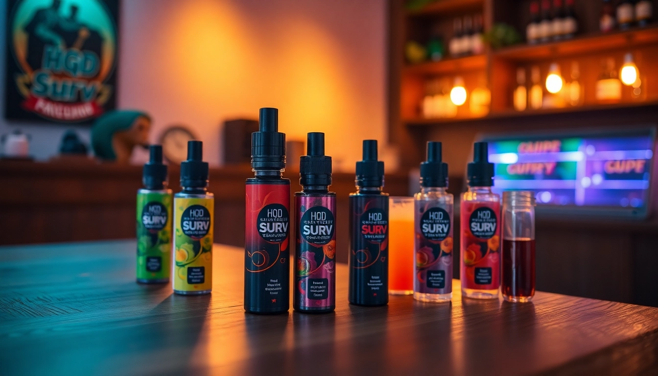 Experience HQD Surv kaufen with various sleek vape styles beautifully arranged on a wooden counter.