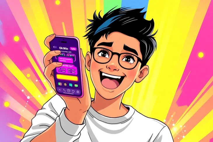 Engaging young user playing the ok win gaming app on a smartphone, showcasing excitement and vibrant graphics.