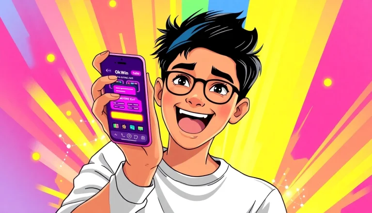 Engaging young user playing the ok win gaming app on a smartphone, showcasing excitement and vibrant graphics.