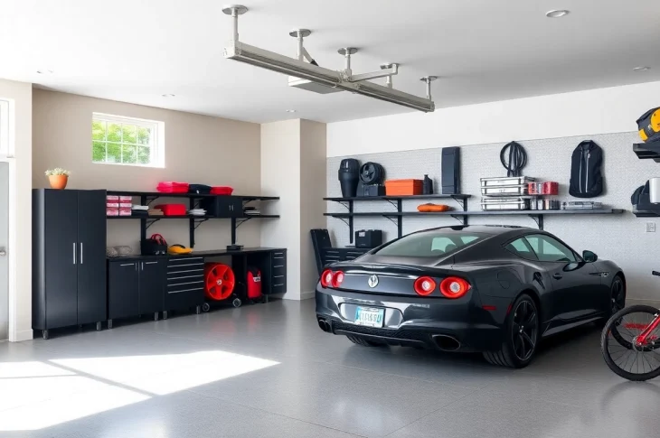 Custom garages showcasing a modern design with ample storage and sleek finishing touches.