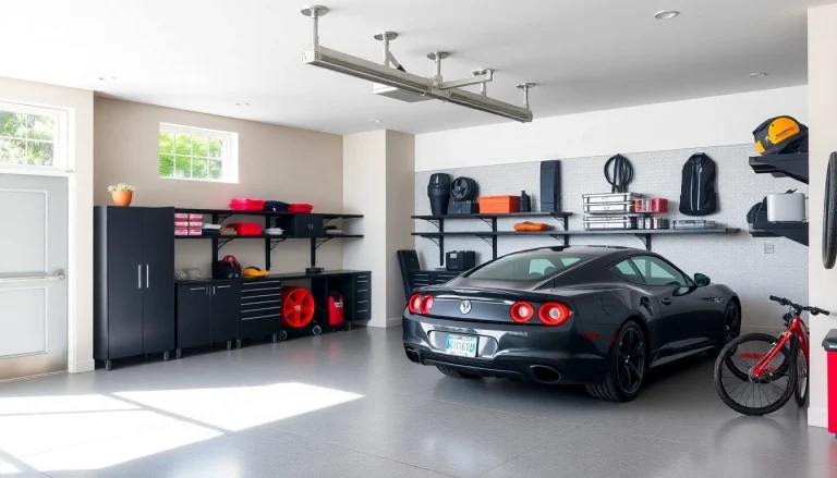 Custom garages showcasing a modern design with ample storage and sleek finishing touches.