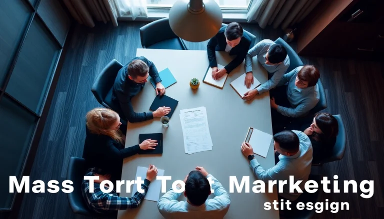 Attorneys strategizing mass tort marketing plans in a modern office setting.
