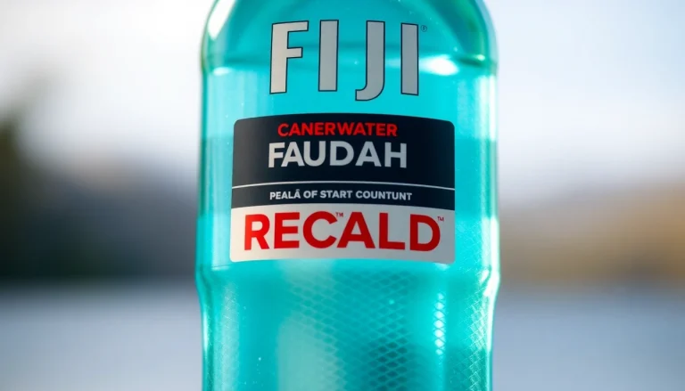 Fiji water bottles recalled due to contamination, prominently displaying a caution label on the bottle.
