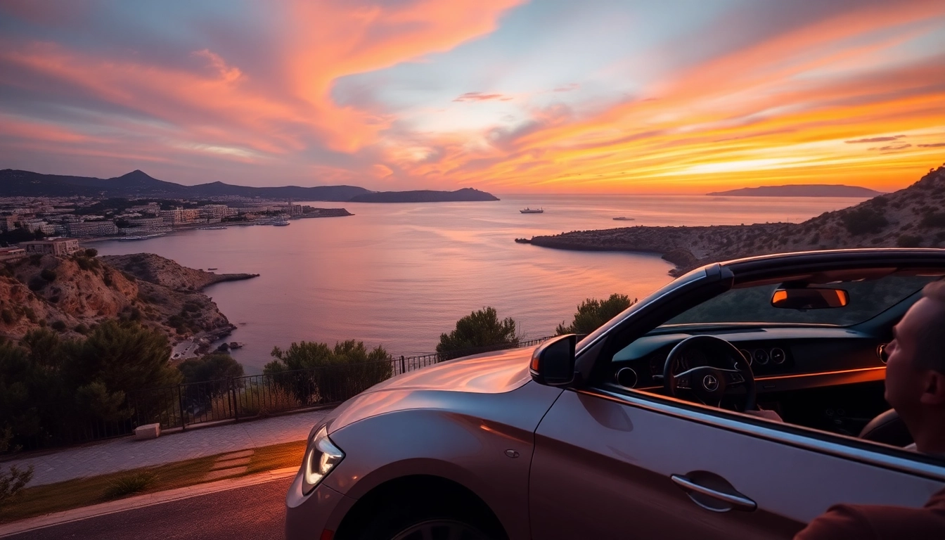 Enjoy cheap car rental with driver Malta, featuring a stylish vehicle against a stunning coastal sunset.