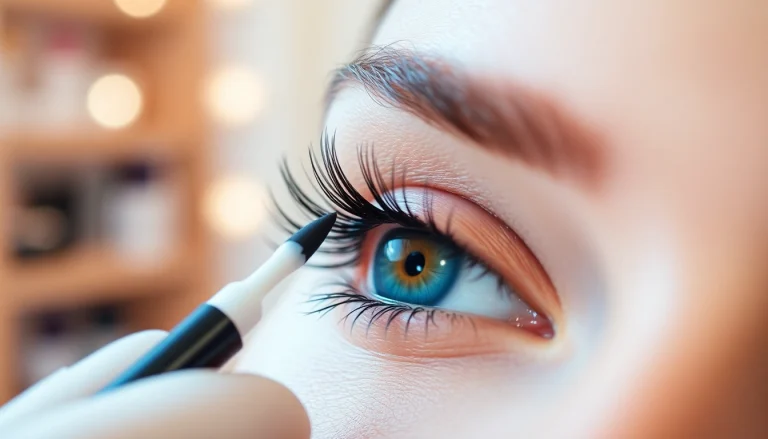 Apply eyelash tint for enhancing lash color and volume in a serene beauty salon setting.