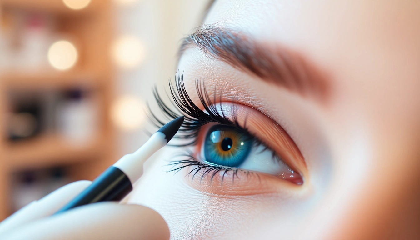 Apply eyelash tint for enhancing lash color and volume in a serene beauty salon setting.