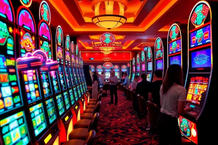 Experience exciting สล็อต777 gaming with vibrant slot machines lighting up the casino floor in a thrilling atmosphere.