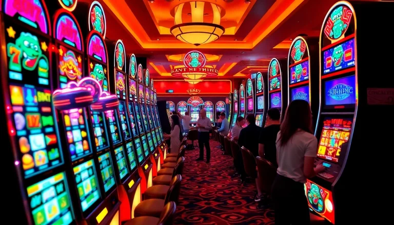 Experience exciting สล็อต777 gaming with vibrant slot machines lighting up the casino floor in a thrilling atmosphere.