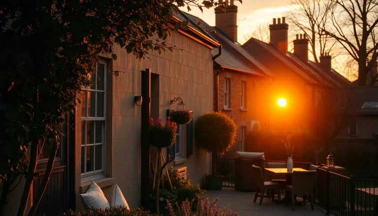Experience the charming bloomsbury architecture against a stunning sunset backdrop, showcasing serene beauty.