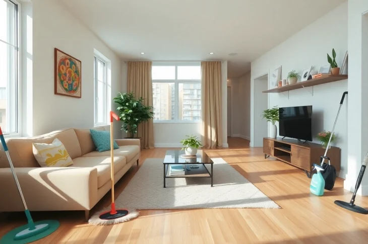 Bond cleaning Logan: A meticulously cleaned living room ready for inspection, showcasing professional cleaning tools.