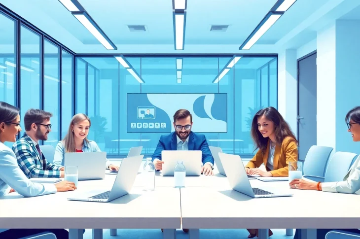 Showcase outsourcing with a diverse team in a modern office environment collaborating via virtual meetings.