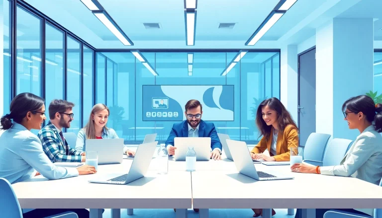 Showcase outsourcing with a diverse team in a modern office environment collaborating via virtual meetings.