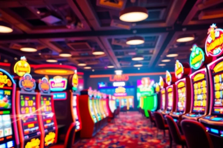 Experience thrilling gameplay with สล็อต168 in an electrifying casino setting adorned with colorful slot machines.