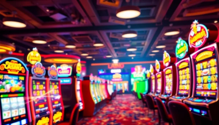 Experience thrilling gameplay with สล็อต168 in an electrifying casino setting adorned with colorful slot machines.