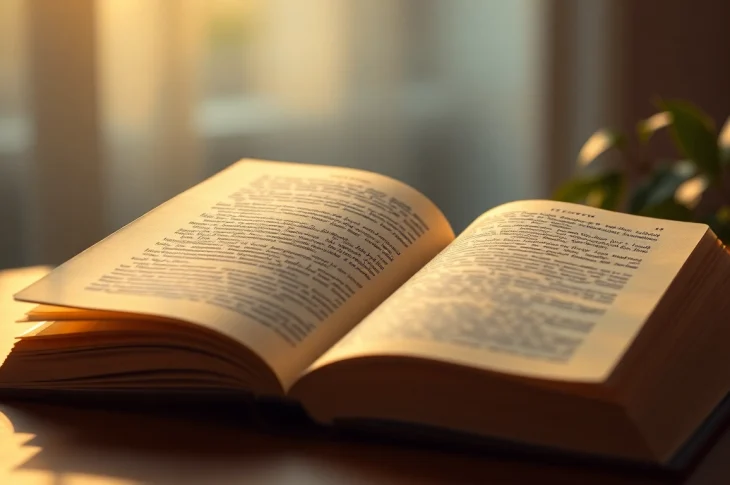 Discover more information through an open book illuminated by soft light, surrounded by nature.