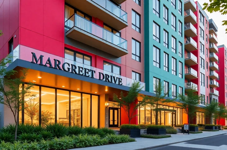 View the stunning Margaret Drive condo's contemporary architecture amidst beautiful landscaping.
