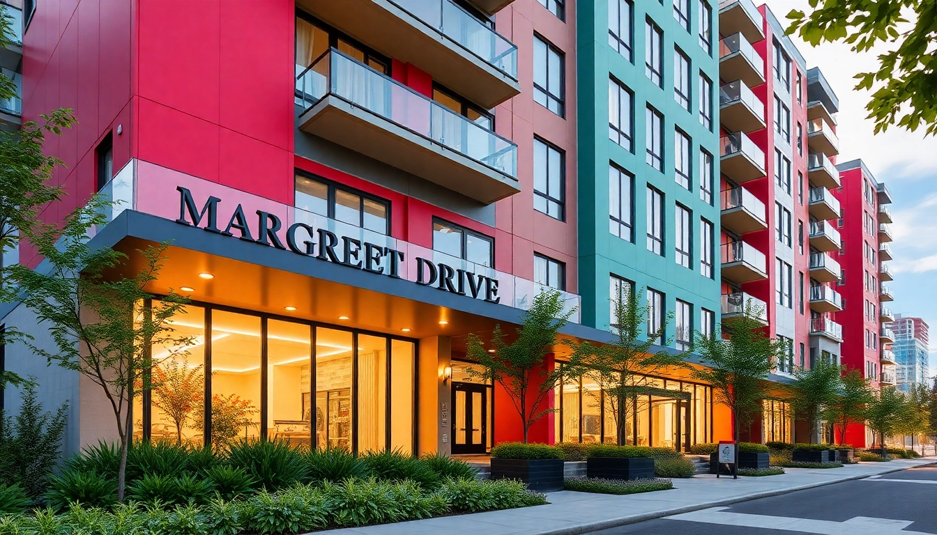 View the stunning Margaret Drive condo's contemporary architecture amidst beautiful landscaping.