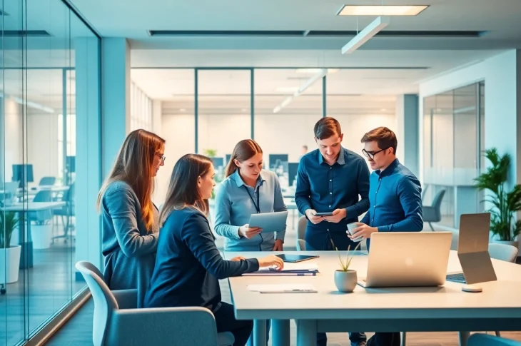 Captivating teamwork scene emphasizing More Information sharing in a modern office setting.