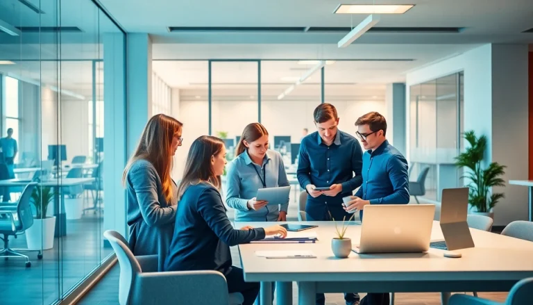 Captivating teamwork scene emphasizing More Information sharing in a modern office setting.