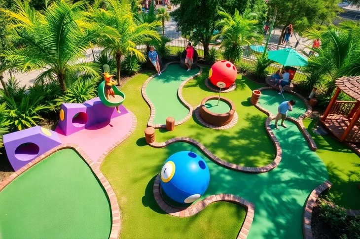 Enjoying Mini Golf Houston on a vibrant course with colorful decorations and players in action.