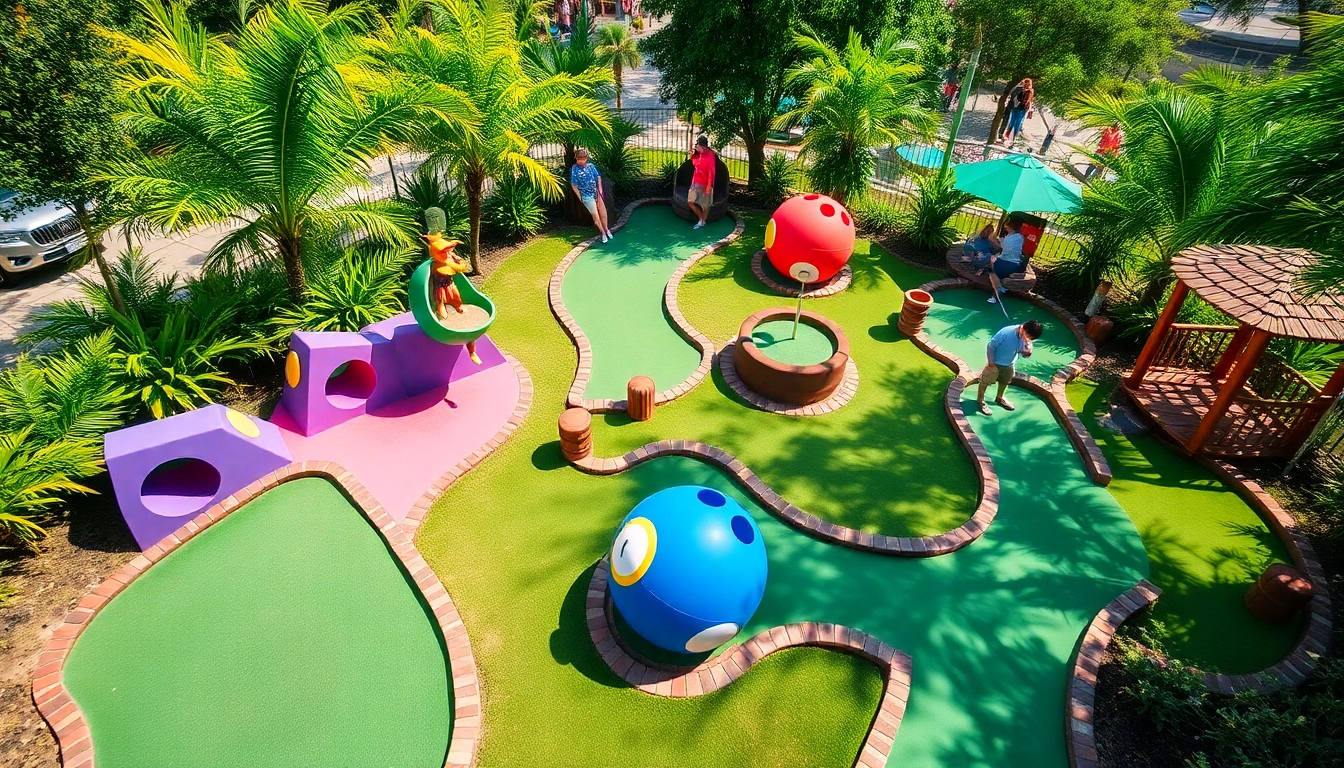 Enjoying Mini Golf Houston on a vibrant course with colorful decorations and players in action.