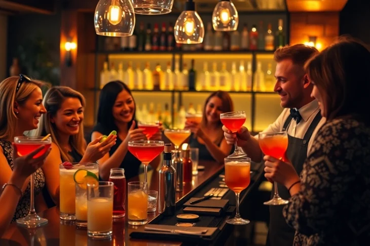 Participants enjoying a cocktailkurs, mixing colorful drinks under professional guidance in a lively setting.