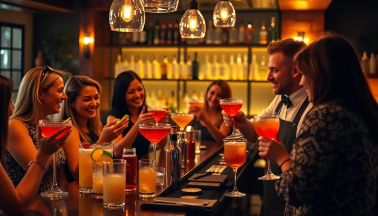 Participants enjoying a cocktailkurs, mixing colorful drinks under professional guidance in a lively setting.
