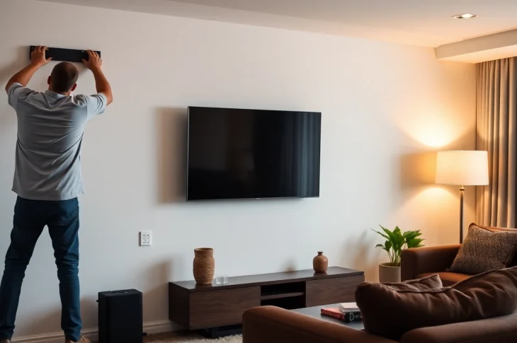 Expert TV mounting installation service ensuring secure setup in a modern living room.