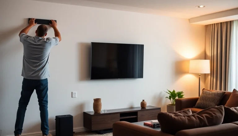 Expert TV mounting installation service ensuring secure setup in a modern living room.