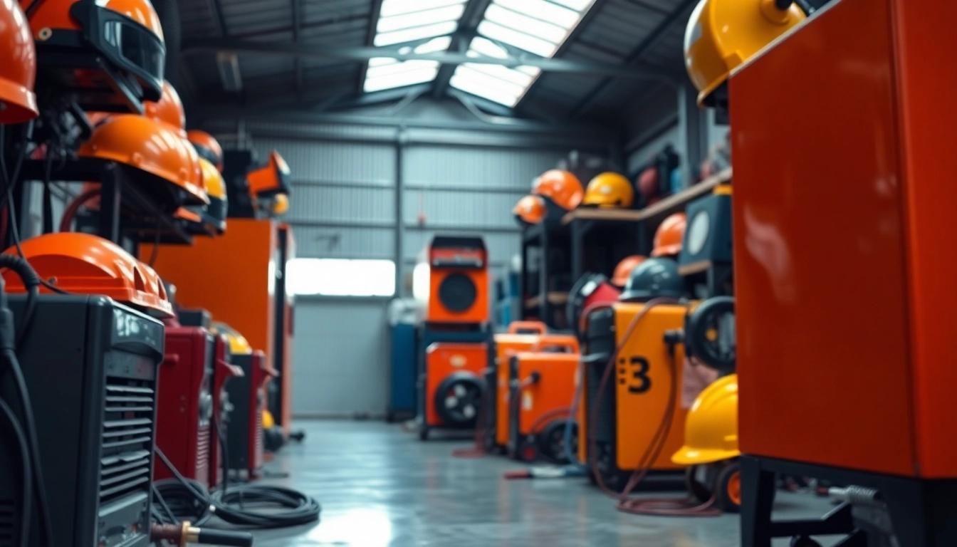 Browse top welding supplies like helmets and machines in a vibrant workshop setting.