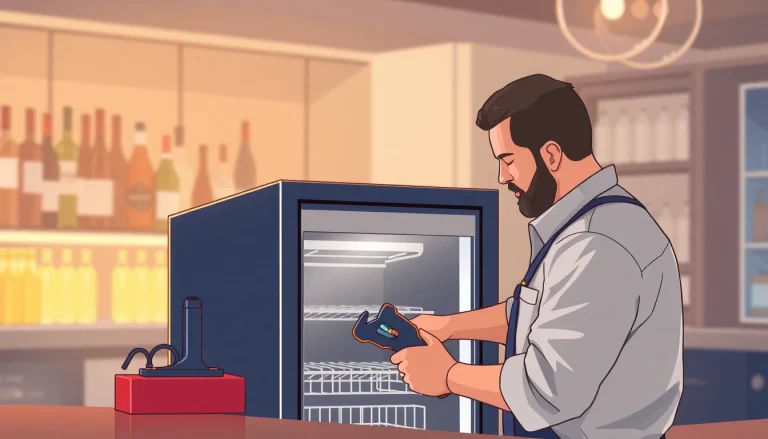 Technician performing bar refrigeration repair on an under-counter cooler with precision and care.