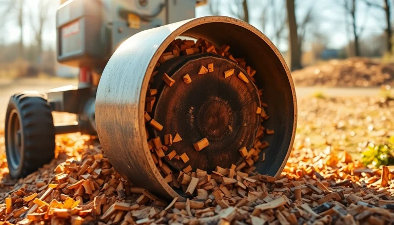 Stump grinding service efficiently removing a tree stump with a machine amidst wood chips.