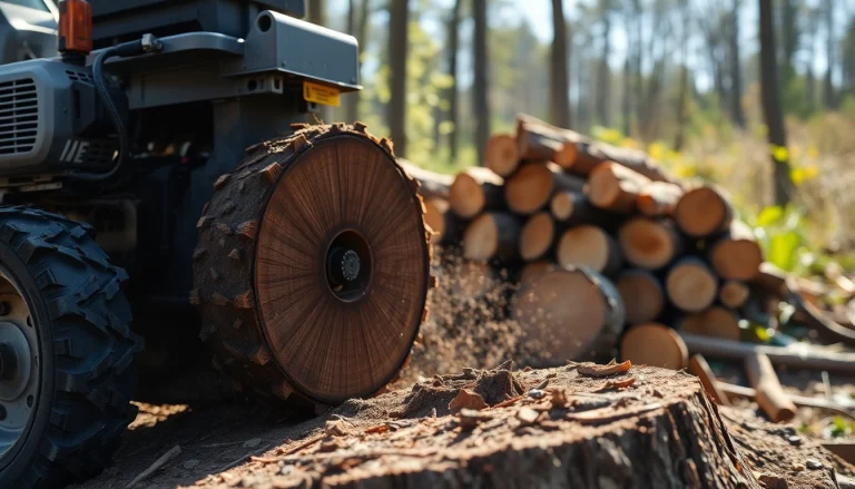 Professionals executing stump grinding service with advanced equipment amidst wood debris.