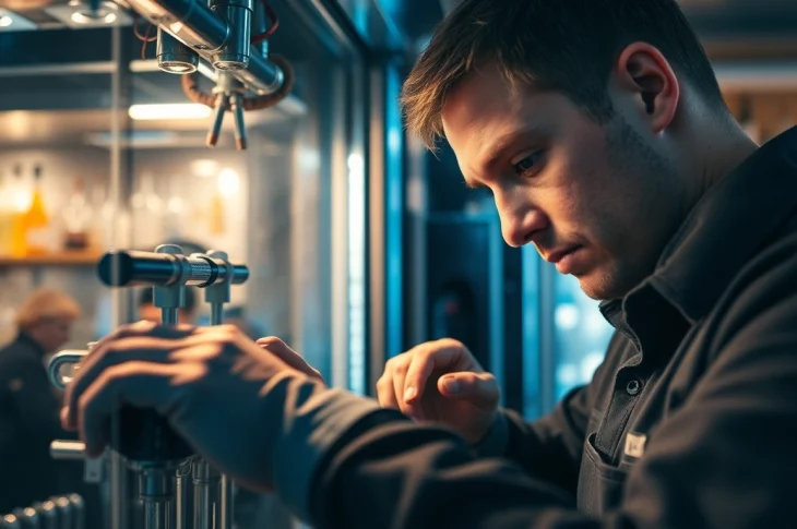 Technician conducting bar refrigeration repair with professional tools in a vibrant, modern bar environment.