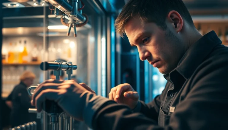Technician conducting bar refrigeration repair with professional tools in a vibrant, modern bar environment.