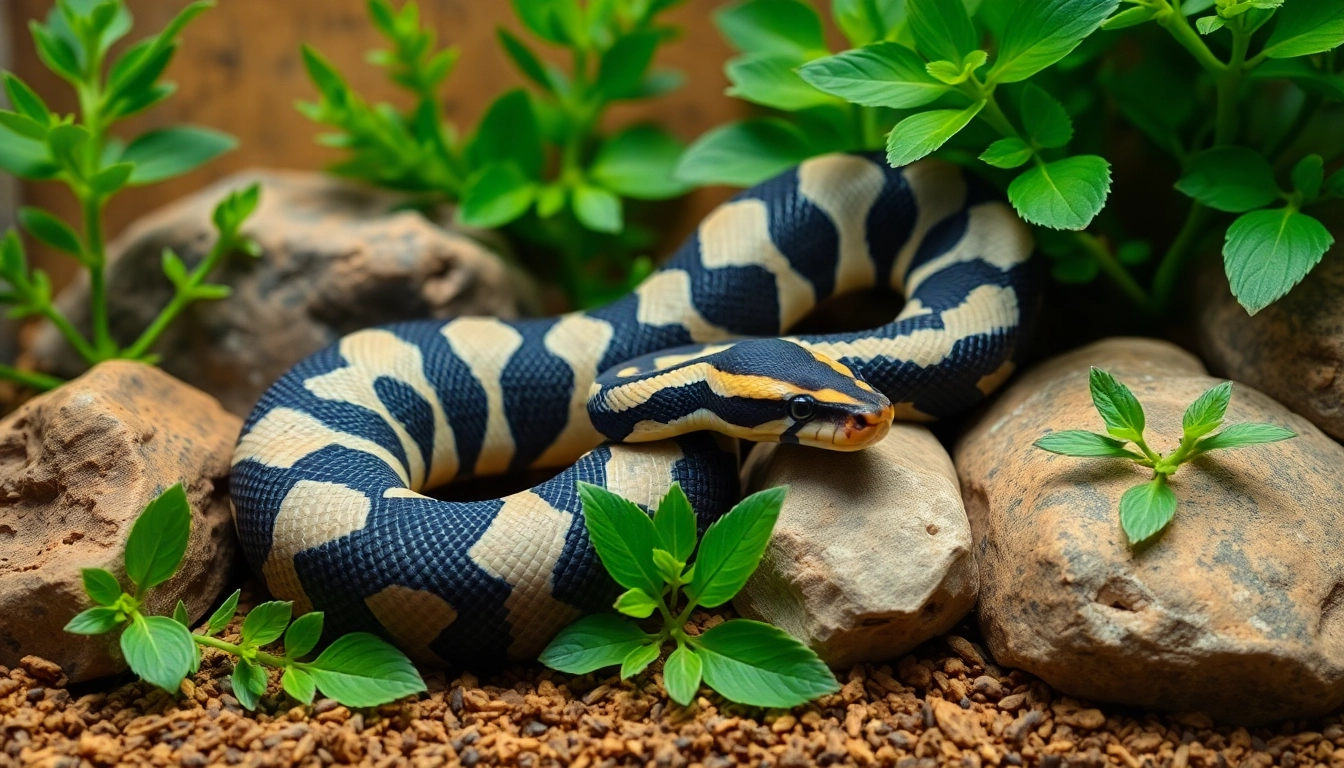 See a stunning panda pied ball python for sale, showcasing vibrant colors and unique patterns in a terrarium.