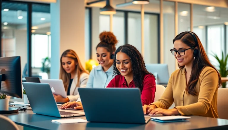 Virtual assistants collaborating in a modern office environment, showcasing productivity and teamwork.