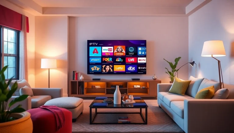 Experience high-quality IPTV trial with access to diverse channels in a cozy living room setting.
