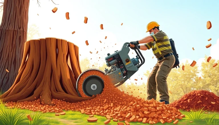 Skilled worker performing stump grinding service, showcasing powerful machinery and flying wood chips.